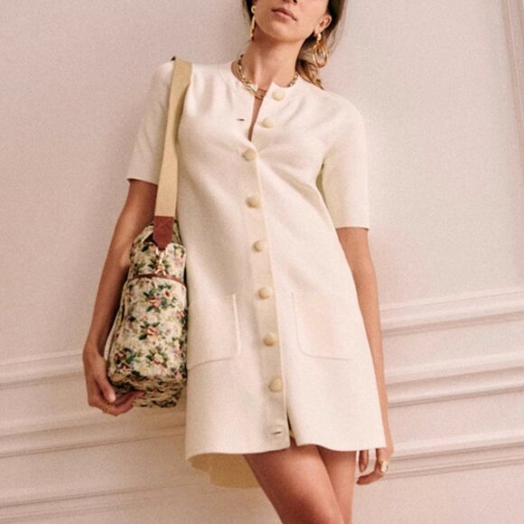 NWT Sezane Ava Mini Dress Small Ecru Ivory Cream Knit Button Front Stretch - Picture 1 of 9